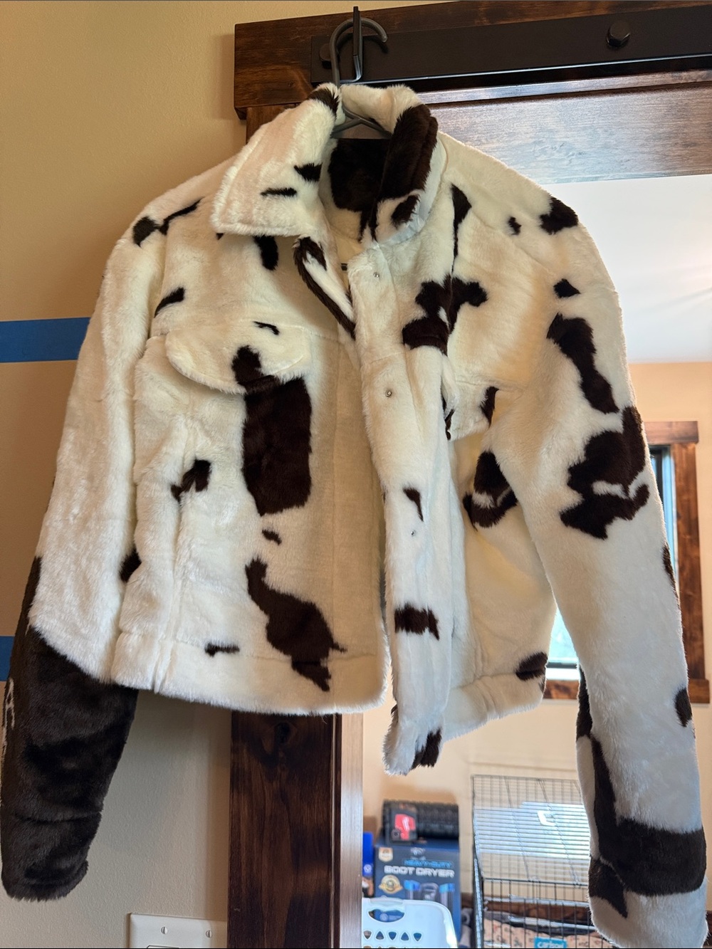 Cow Print Teddy Jacket in White & Dark Brown